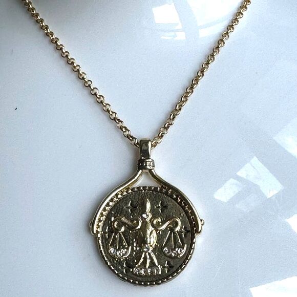 Libra Zodiac Sign Blue Crystal Medallion Pendant Necklace - Picture 4 of 8